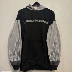 Vintage Harley Davidson Flaming Black/Gray Grunge Biker Hoodie L/XL 24x28